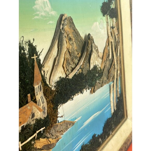 Vintage 1960s artwork, mix media organic 3D painting, bark moss landscape - Picture 6 of 10